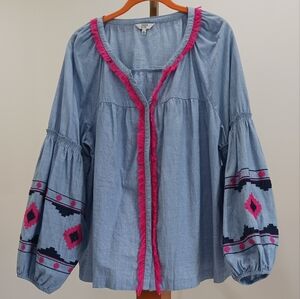 Crown and Ivy Snap Button Top Pink Fringe Women's Large